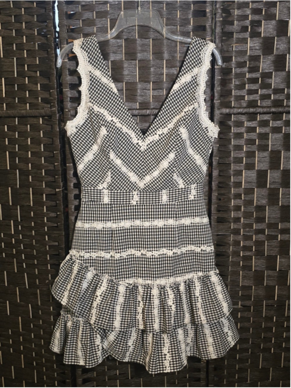 Adelyn Rae Belle Gingham Crochet Lace Ruffle V-Neck Mini Dress Size S